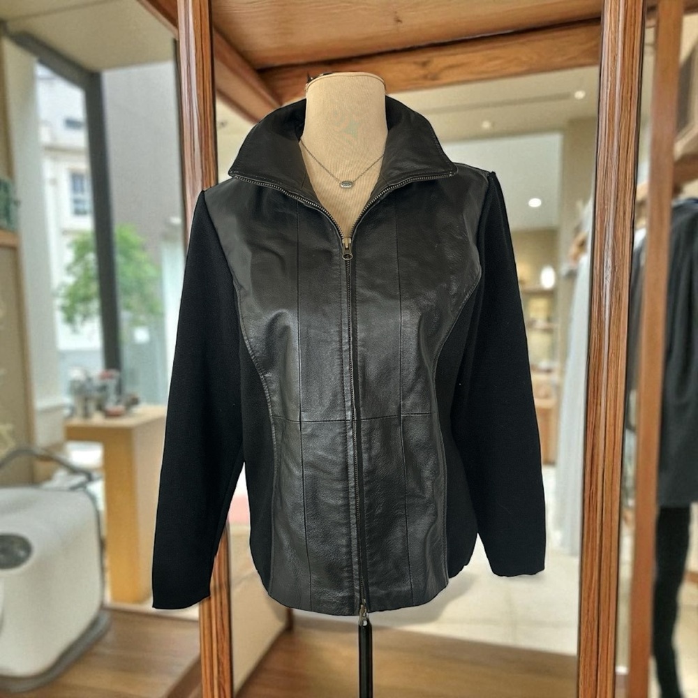 Stonebridge Signature Women's Black Leather Jacket w/Wool Blend Sleeves/Panel/ M